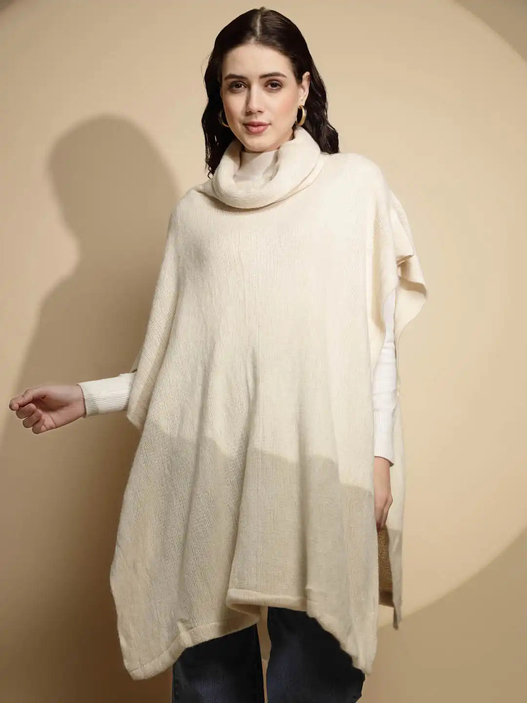 White Solid Half Sleeve Turtle Neck Acrylic Poncho