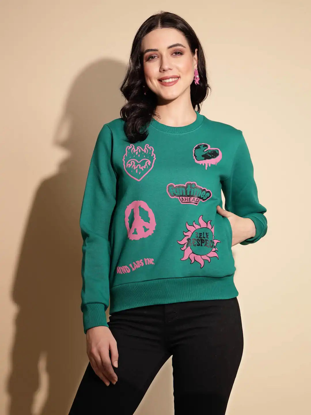 Green Printed Full Sleeve Round Neck Hosiery Sweatshirt