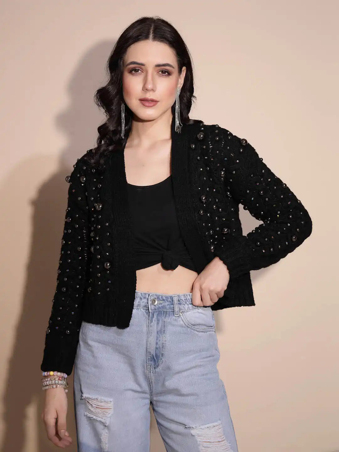 Black Embellished Full Sleeve Front Open Knitted Shrug