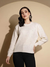 Off White Solid Full Sleeve Crew Neck Knitted Pullover