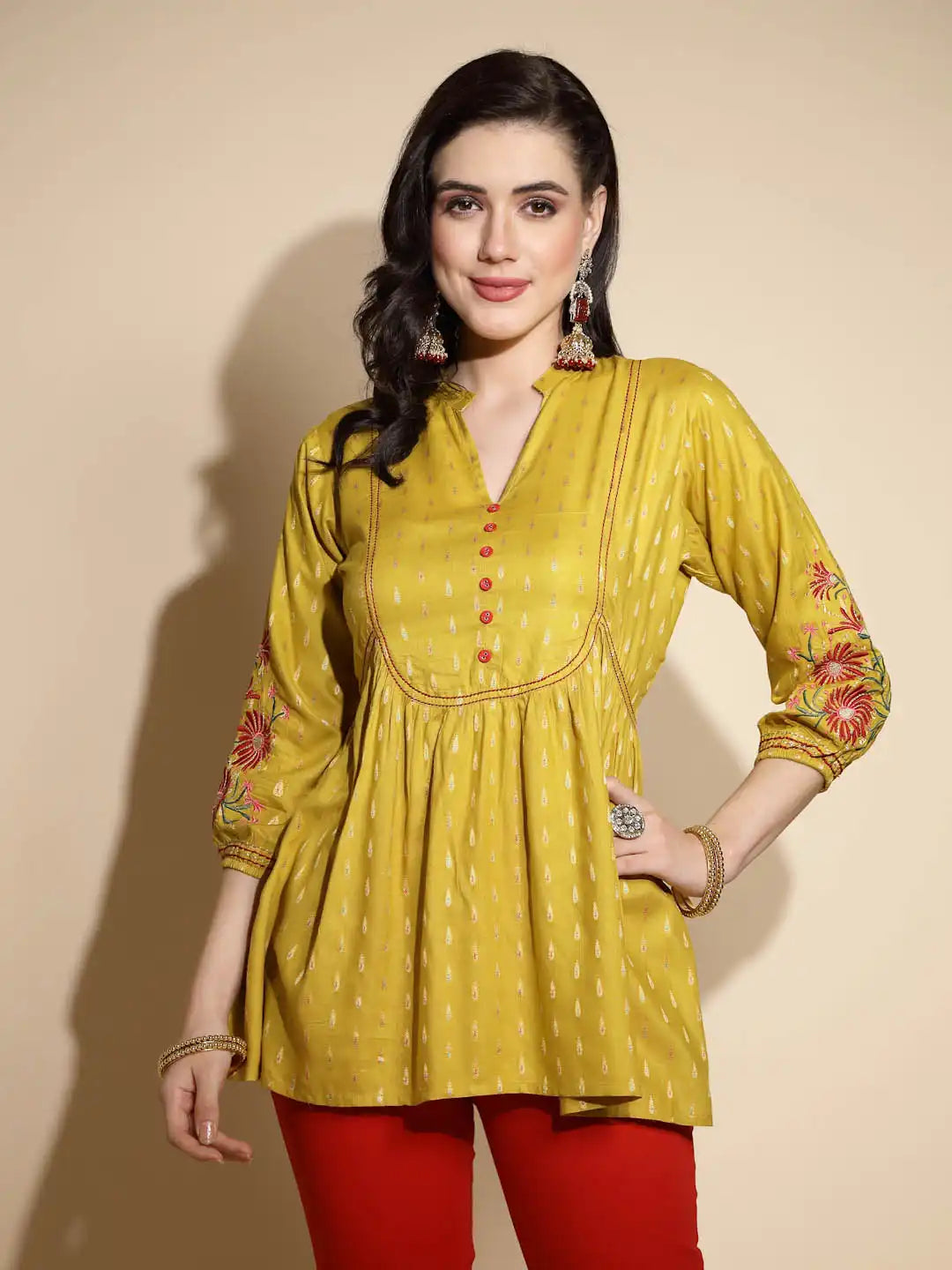 Mustard Embroidered Three Quarter Sleeves Mandarin Collar Tunic - Global Republic