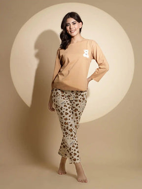 Brown Hosiery Solid Top & Pyjama Night Suit Set
