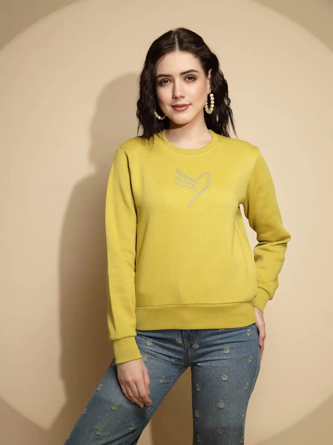 Solid Mustard Full Sleeve Round Neck Acrylic Sweatshirt
