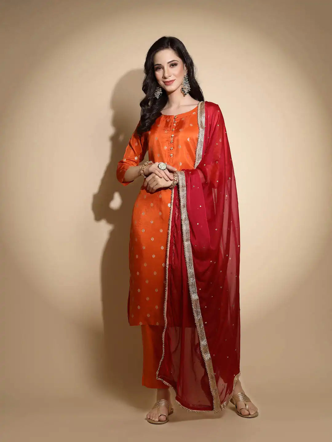 Orange Foil Printed Three Quarter Sleeves Round Neck Silk Kurta Set With Organza Dupatta