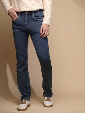 Medium Blue Solid Mid Rise Full Length Straight Slim Fit  Cotton Blend Jeans