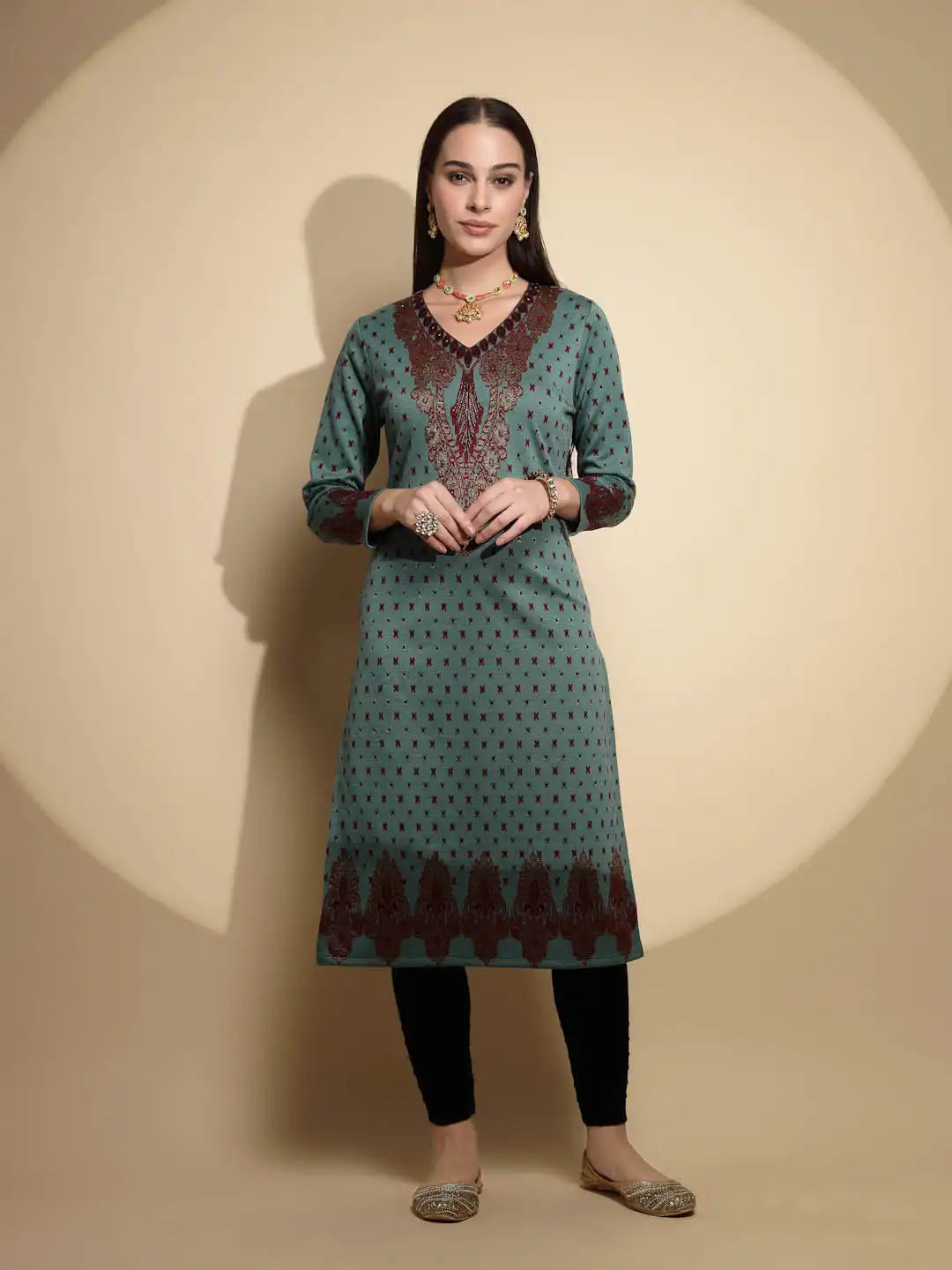Teal Embellished Full Sleeve Curved V-Neck Woolen Kurta
