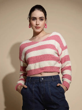 Pink & Cream Striped Full Sleeve Round Neck Acrylic Pullover