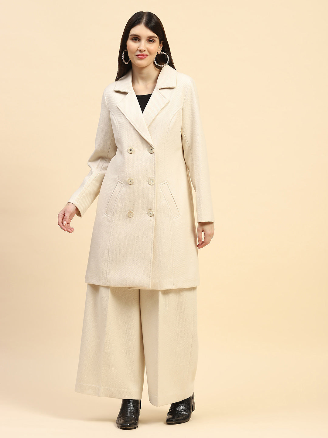 Cream Viscose Coat With Trouser Winter Set - Global Republic