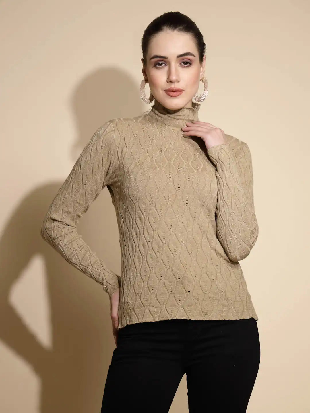 Brown Solid Full Sleeve Turtle Neck Knitted Slim Fit Skivvy