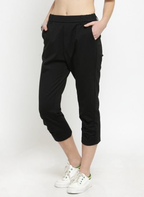 Women Tapered Fitted Solid Black Capri - Global Republic