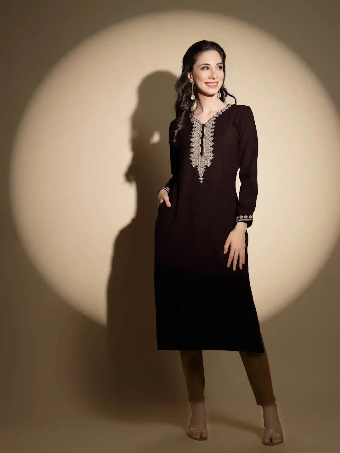 Wine Embroidered Full Sleeve Raglan Cut Crew Neck Woolen Kurta - Global Republic