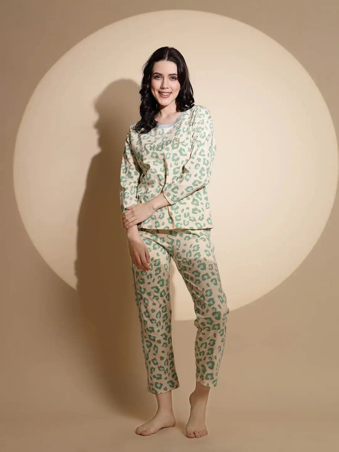 Green Hosiery Three Quarter Sleeve Printed Top & Pyjama Night Suit Set - Global Republic