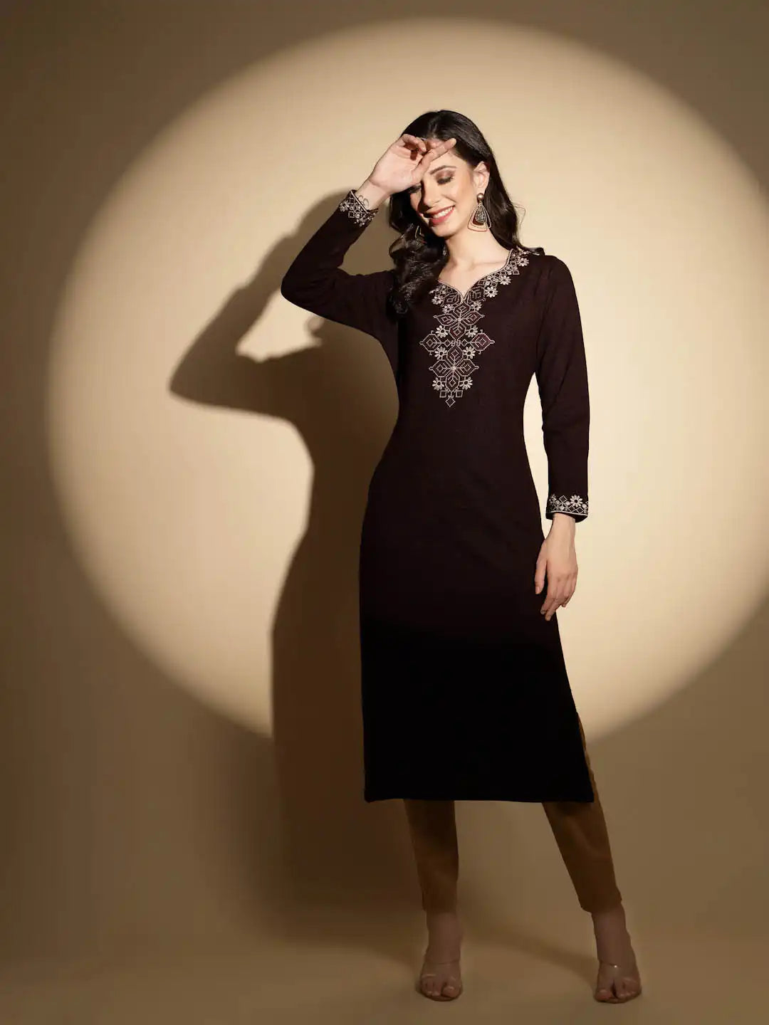 Wine Embroidered Raglan Cut Crew Neck Woolen Straight Fit Kurta - Global Republic