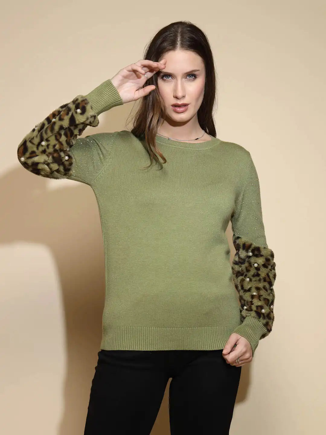 Olive Embellished Full Sleeve Round Neck Acrylic Pullover Sweater