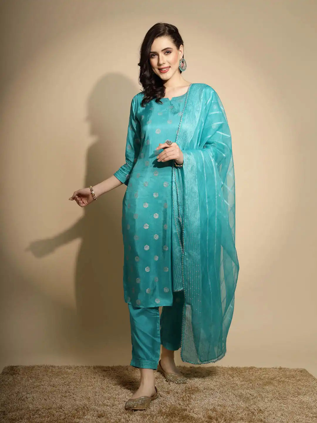 Firozi Foil Printed Silk Kurta Bottom Set With Organza Dupatta - Global Republic