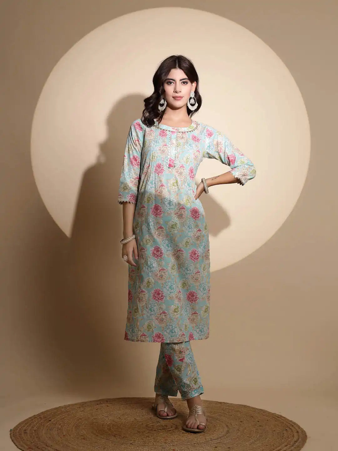 Blue Floral Printed Cotton Kurta Set - Global Republic