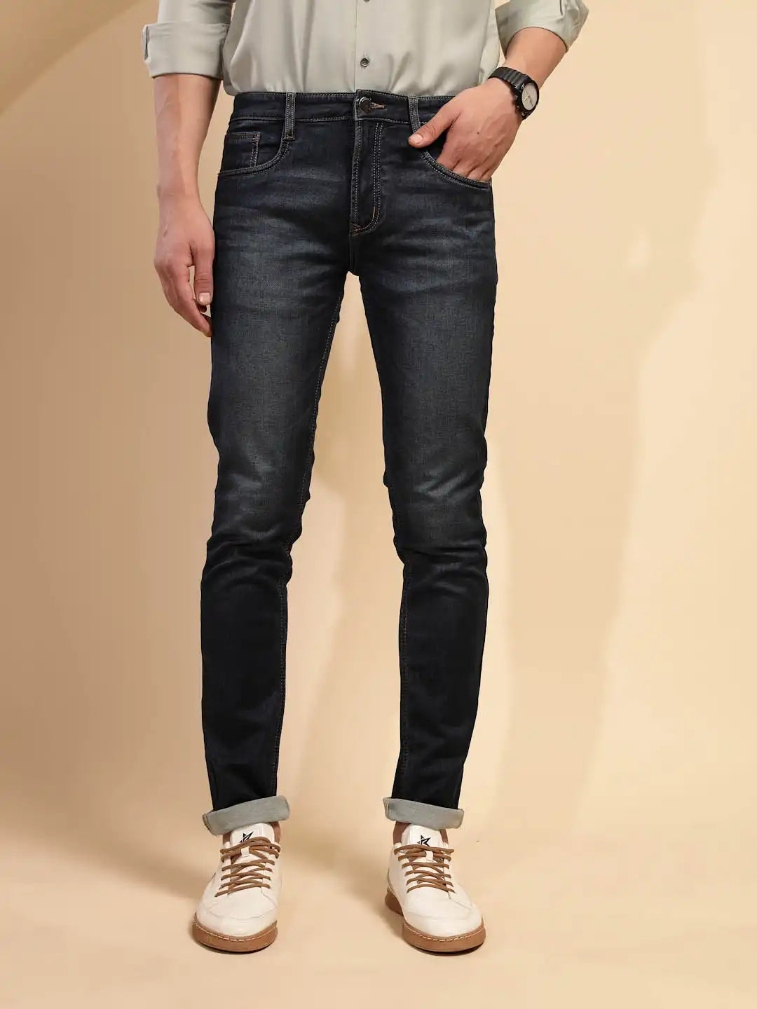 Tint Blue Solid Mid Rise Denim Cuffing Jeans