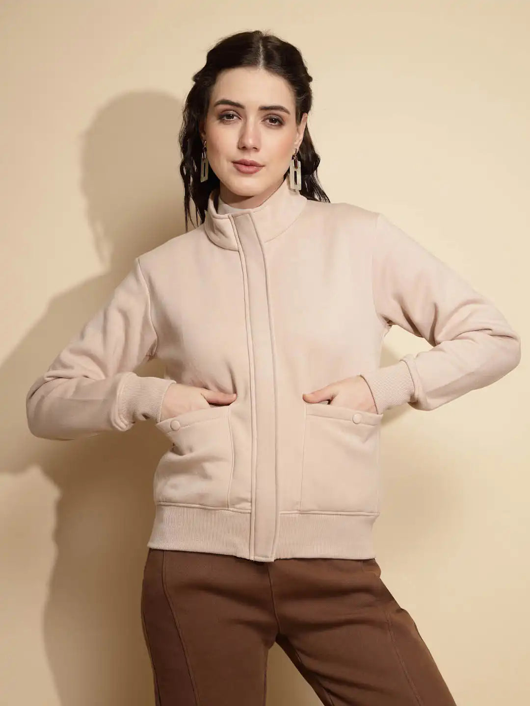 Beige Solid Full Sleeve Turtle Neck Acrylic Sweatshirt