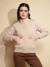 Beige Solid Full Sleeve Turtle Neck Acrylic Sweatshirt