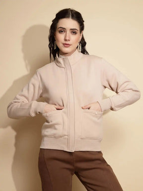 Beige Solid Full Sleeve Turtle Neck Acrylic Sweatshirt