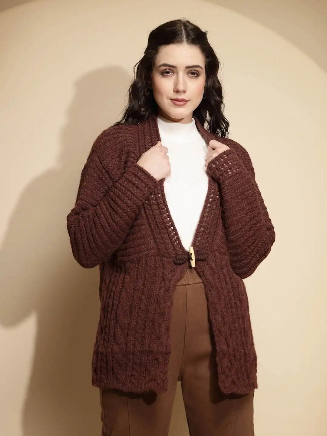 Solid Dark Brown Full Sleeve Open Neck Knitted Cardigan