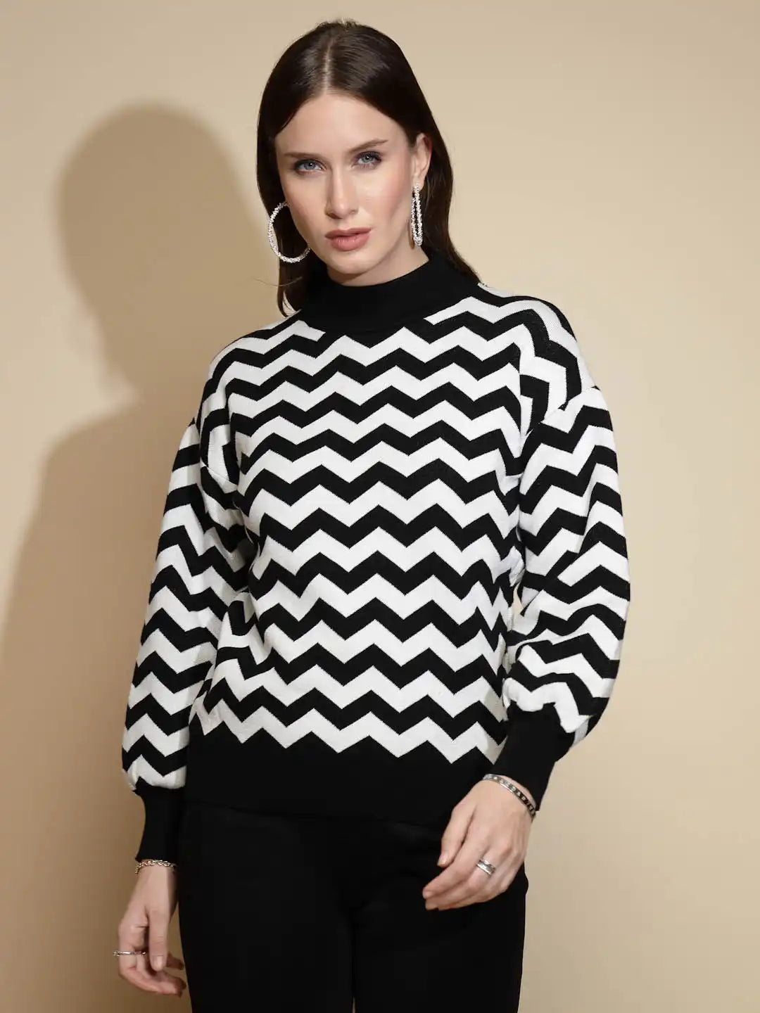 Black Geometric print Full Sleeve Turtle Neck Acrylic Pullover Sweater - Global Republic