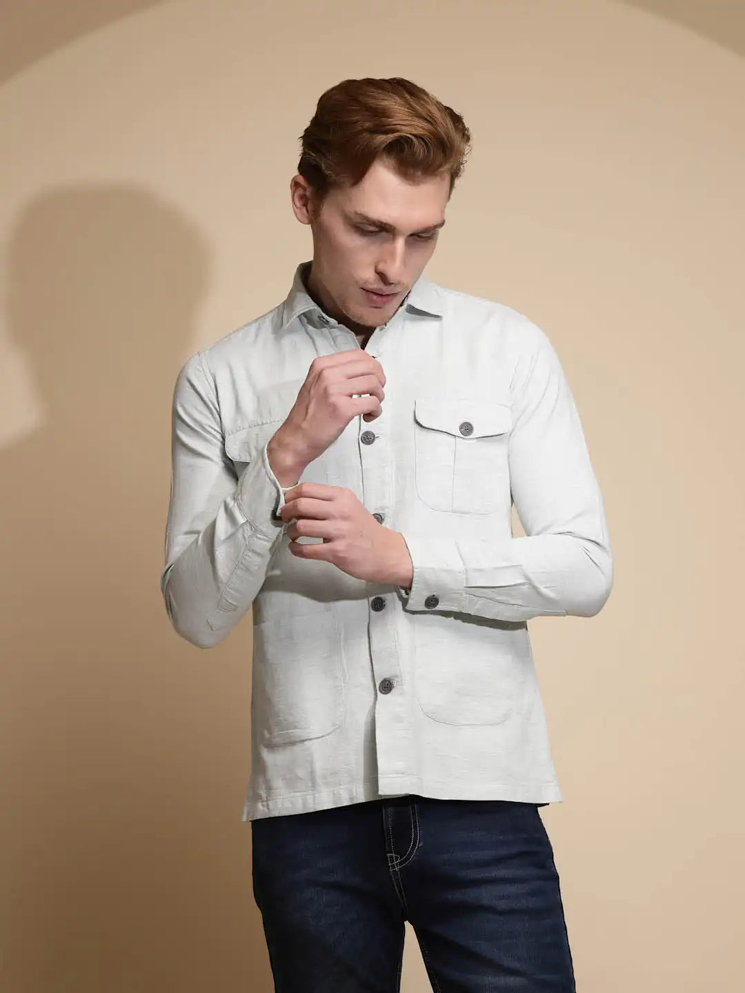 Green Solid Full Sleeve Collared Neck Cotton Shacket - Global Republic