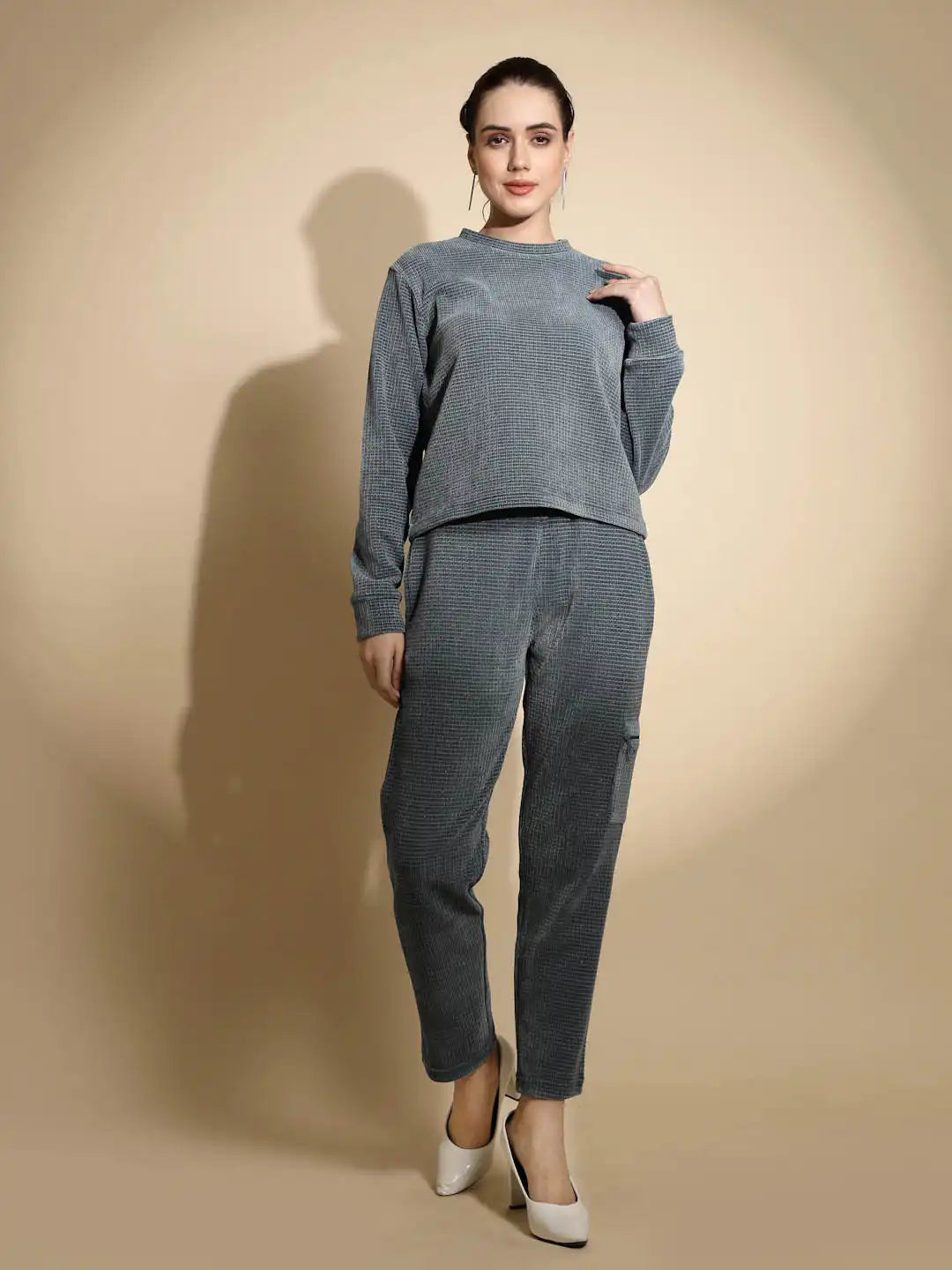 Teal Solid Full Sleeve Round Neck Cotton Blend Co-ord Set
