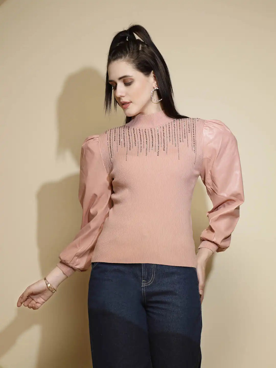 Pink Embellished Full Sleeve Turtle Neck Pullover Sweater