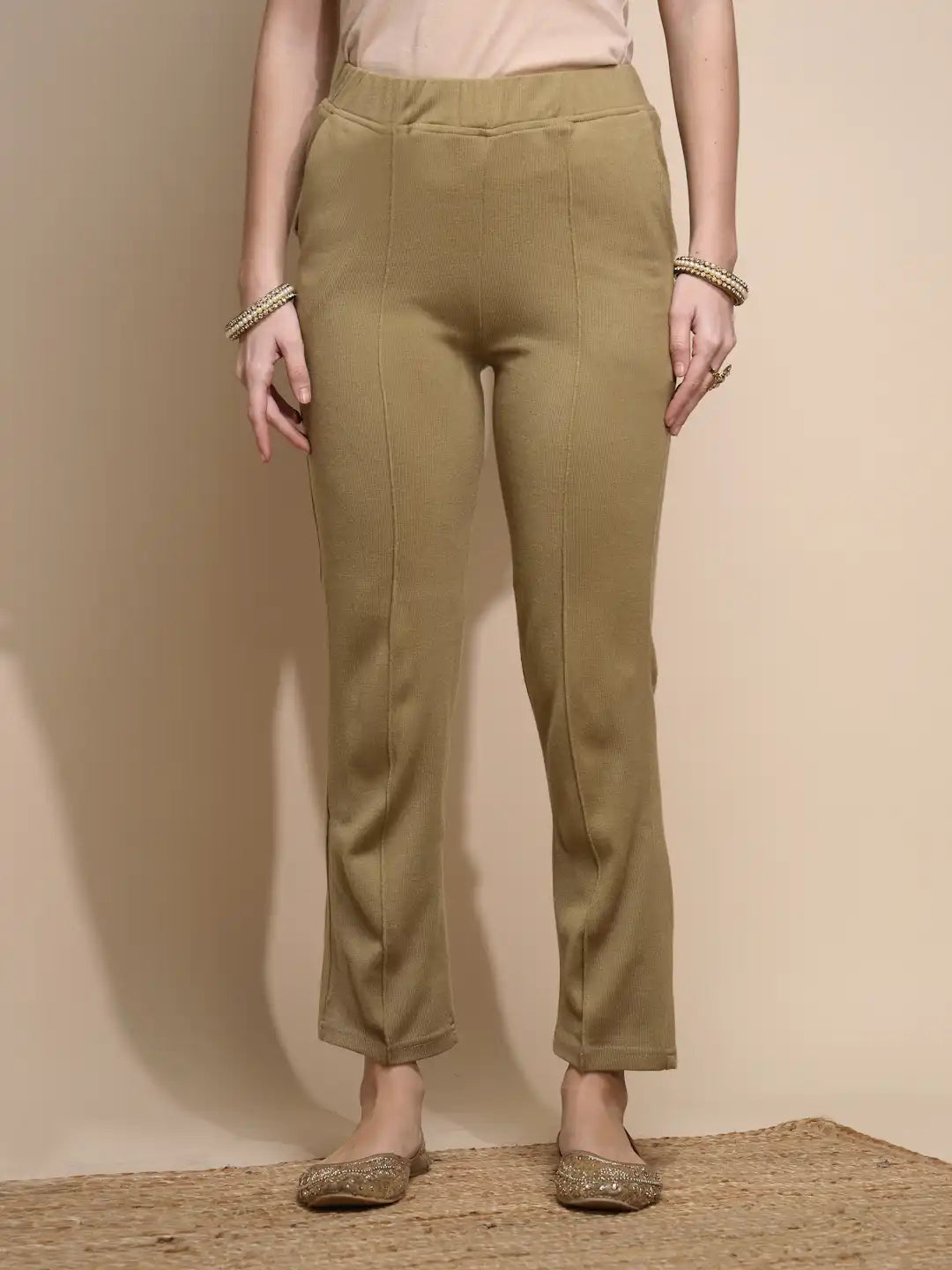 Women Beige Solid Pants Corduroy Mid Rise - Global Republic