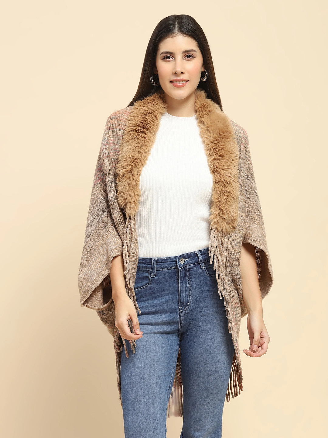 Khaki Mélange Acrylic Knitted Relaxed Fit Cape - Global Republic