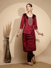 Maroon Embellished Three Quarter Round Neck Velvet Kurta For Women