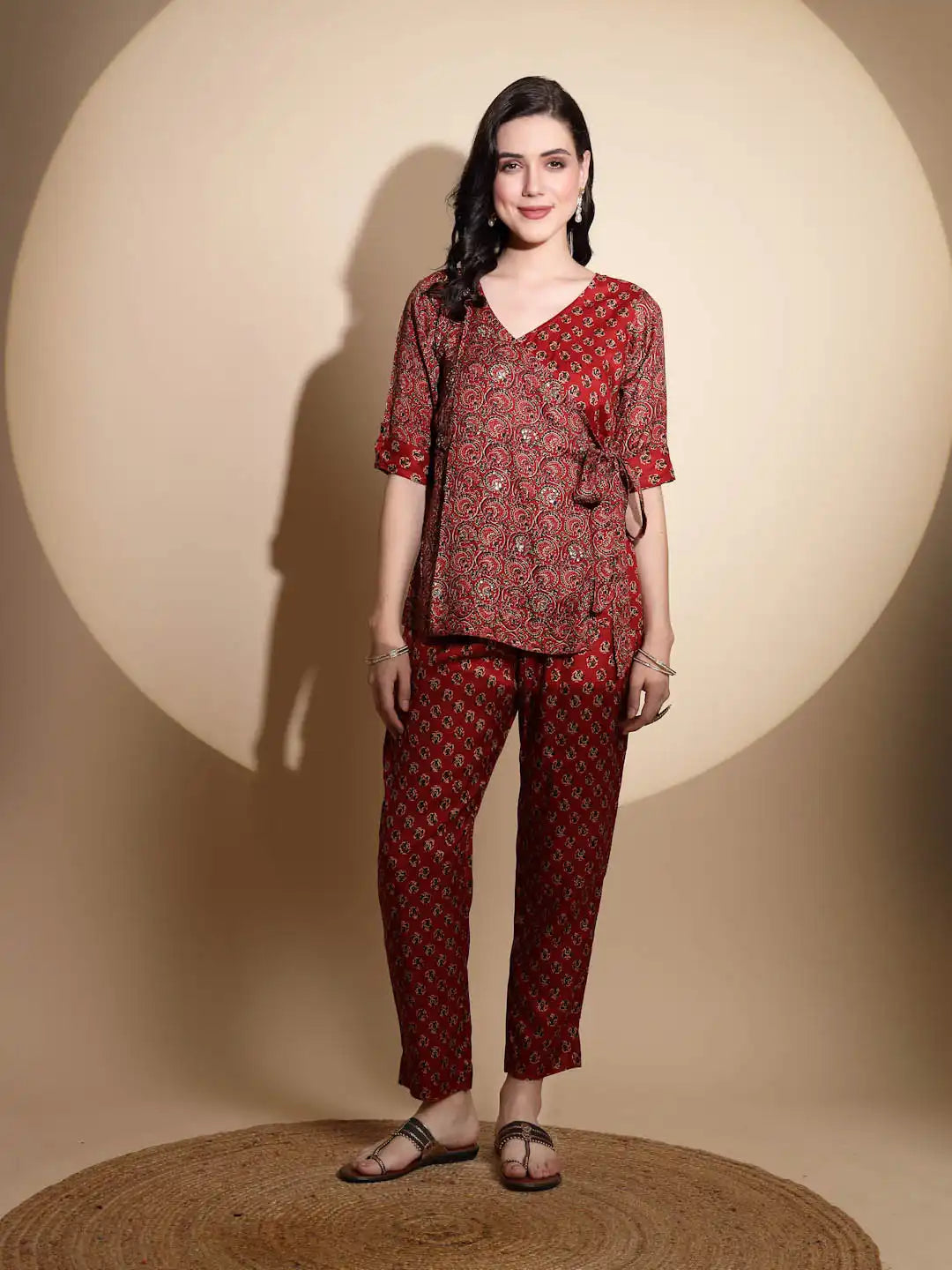 Red Embellished Three Fourth Sleeve V Neck Cotton Tunic Set