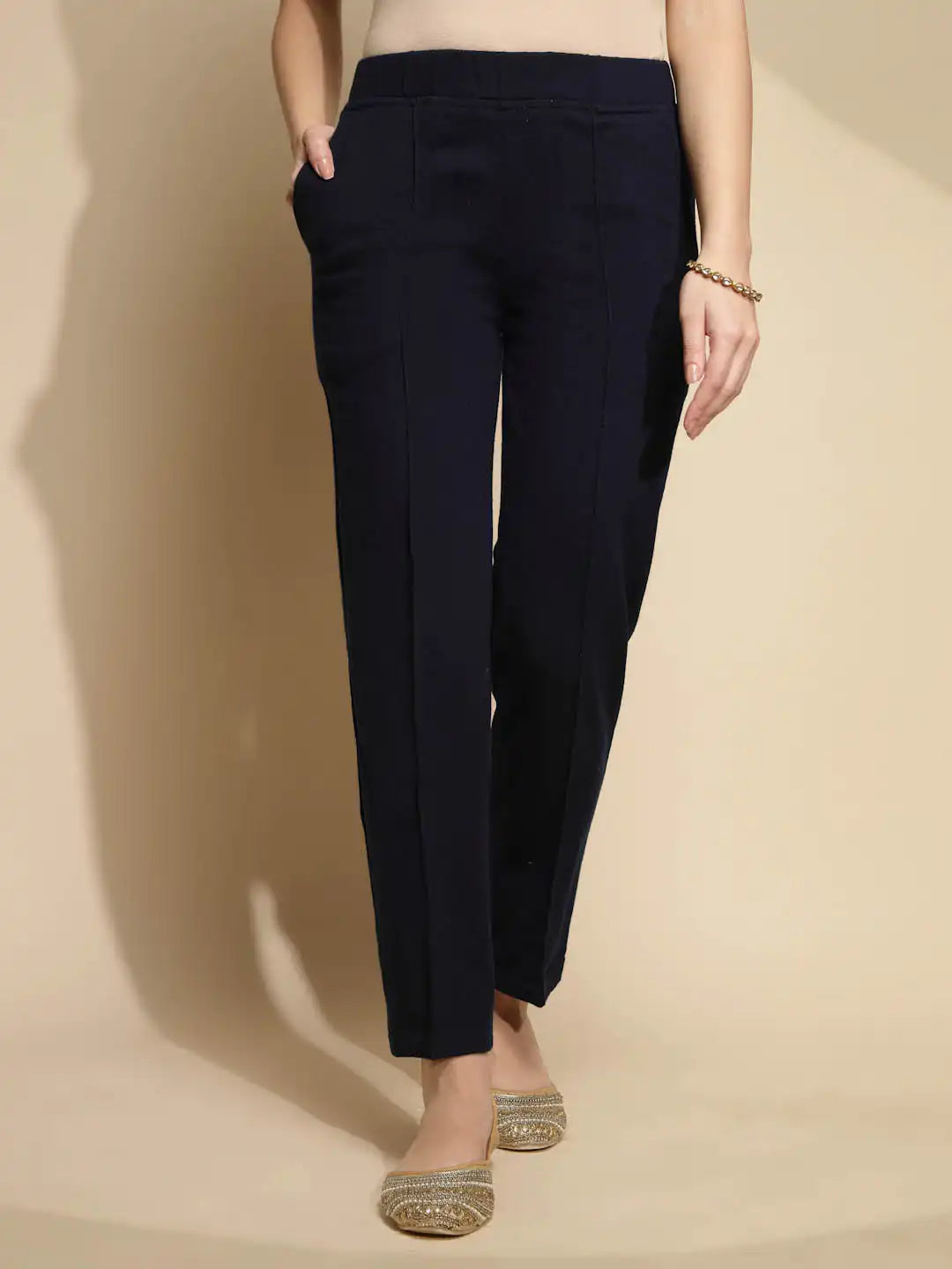 Solid Navy Cotton Mid Rise Ankle Length Pants - Global Republic