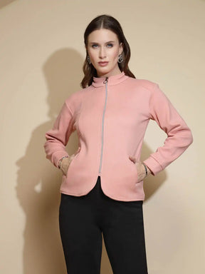 Peach Solid Full Sleeve Turtle Neck Fleece Sweatshirt