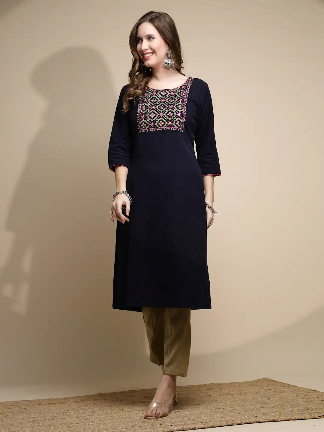 Women Blue Embellished Kurta Round Neck Polyester Blend With Three Quarter Sleeve
