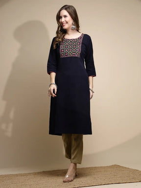 Women Blue Embellished Kurta Round Neck Polyester Blend With Three Quarter Sleeve