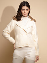 Women Off White Solid Collared Neck Full Sleeve Wool Blend Coat