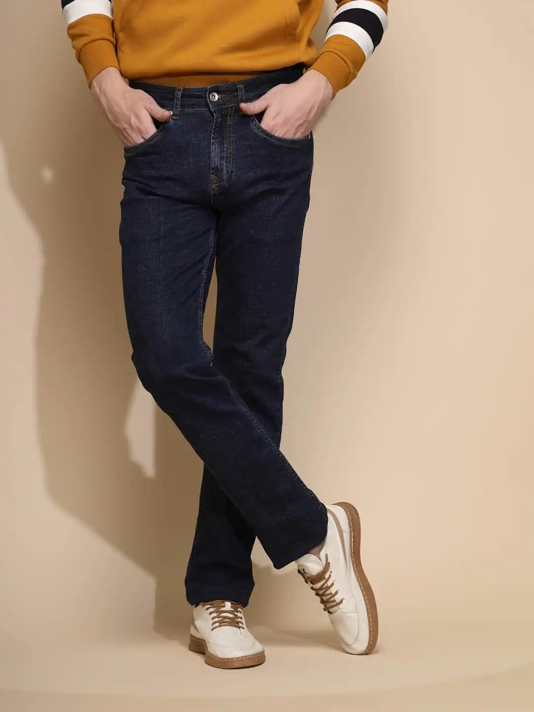 Dark Blue Solid Mid Rise Straight Fit Cotton Blend Full Length Jeans - Global Republic