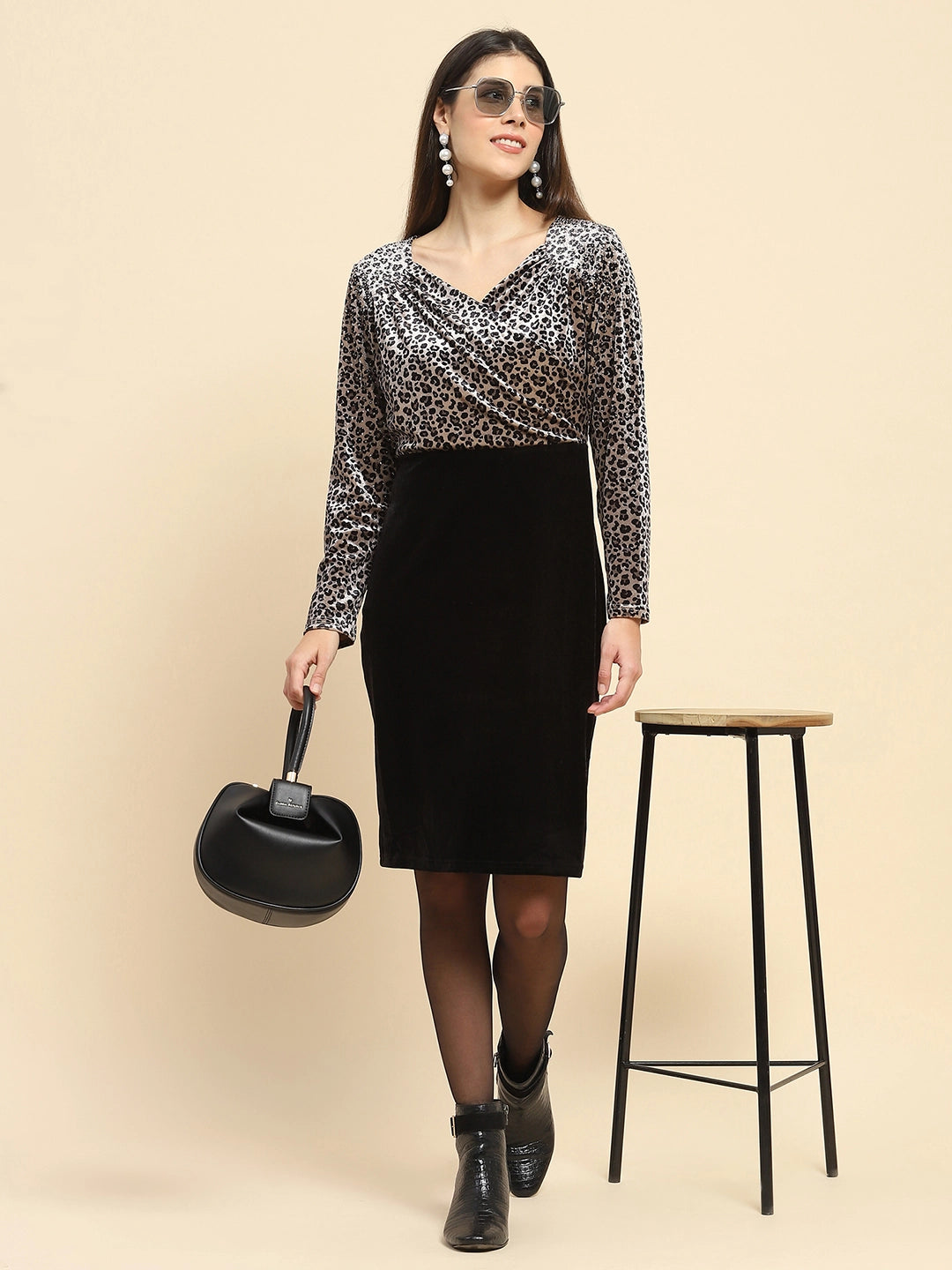 Grey Velvet Leopard Print Slim Fit Dress - Global Republic