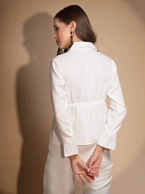 Women's Solid Collared Neck White Co-ord Set