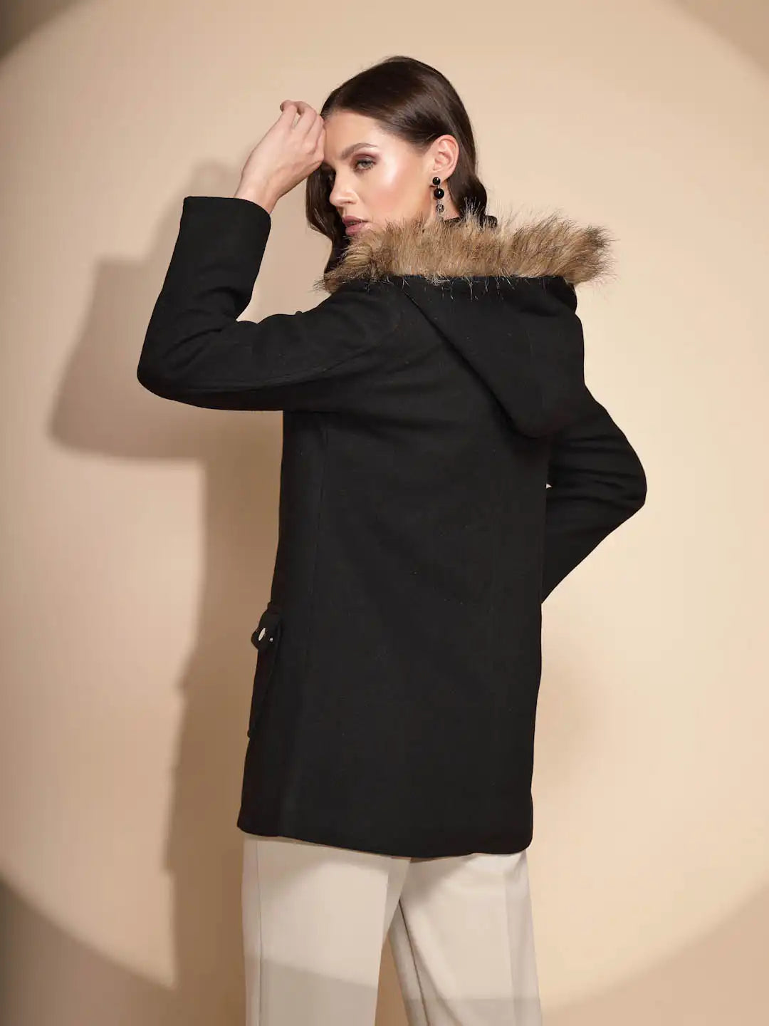 Women's Solid Hooded Black Coat