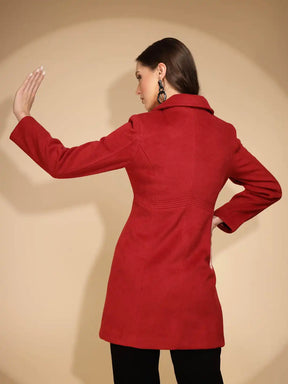 Women's Maroon Solid Full Sleeve Long Coat