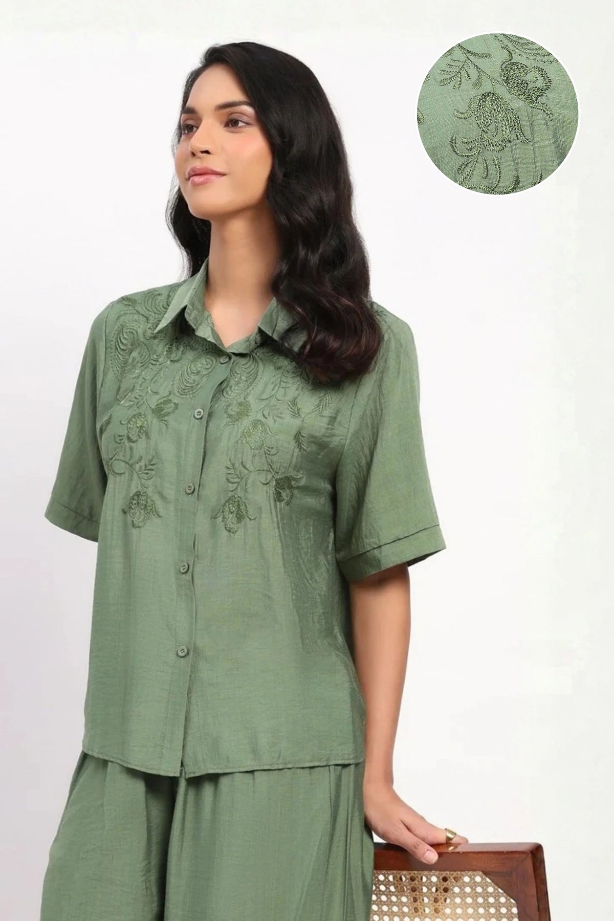 Green Floral Embroidered Set