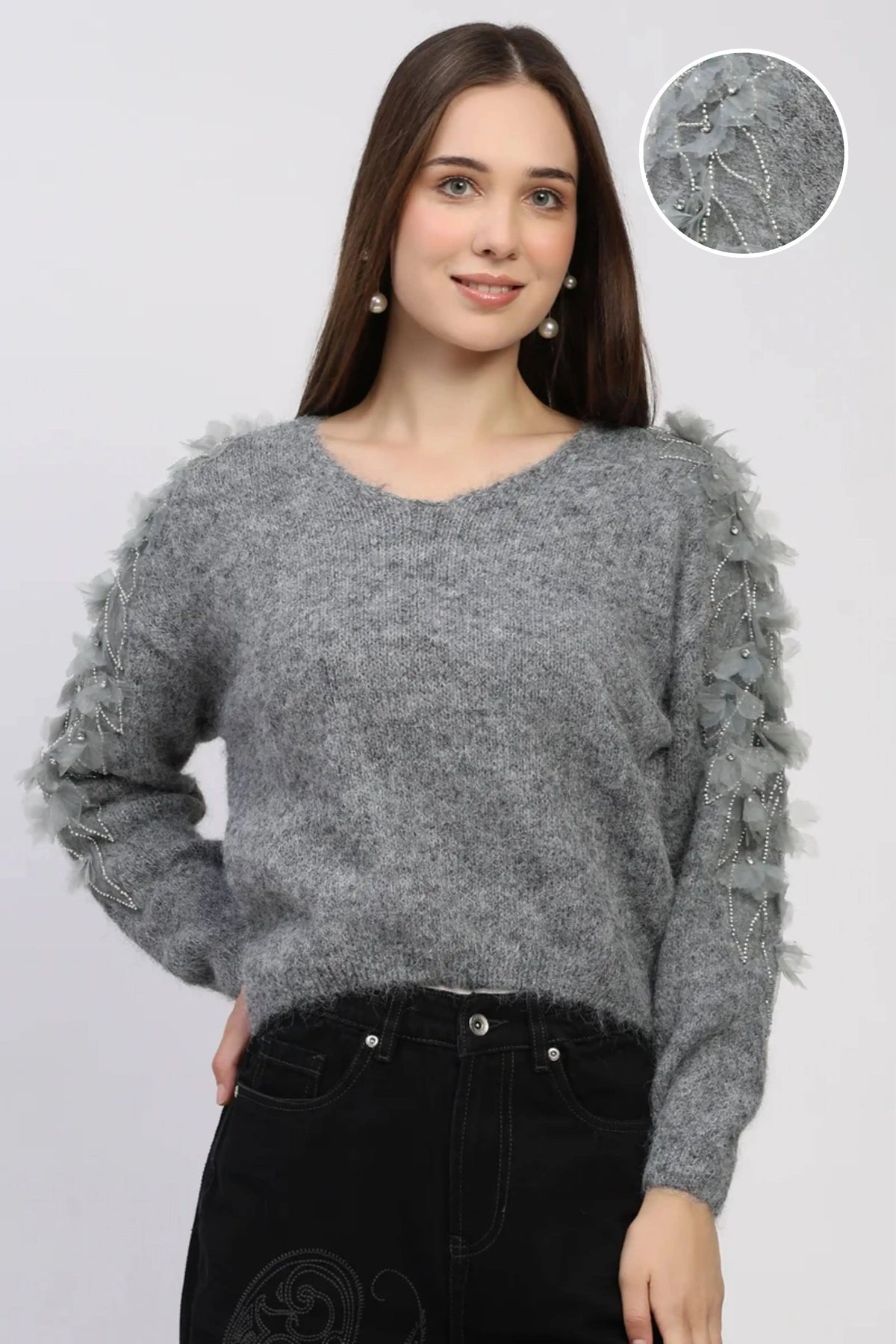 3D Floral Embellished Grey Pullover