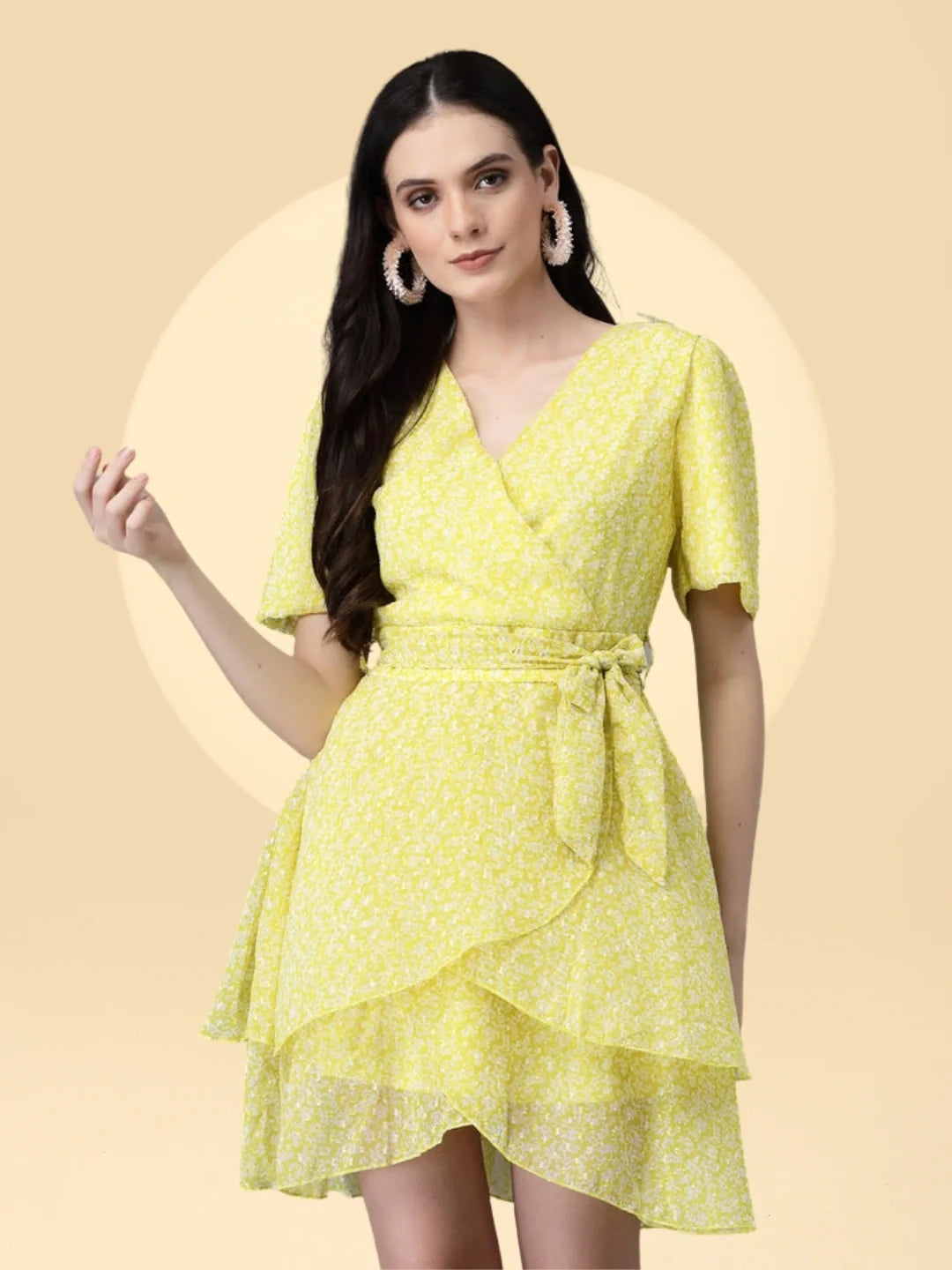 Lemon V Neck Printed Wrap Dress - Global Republic