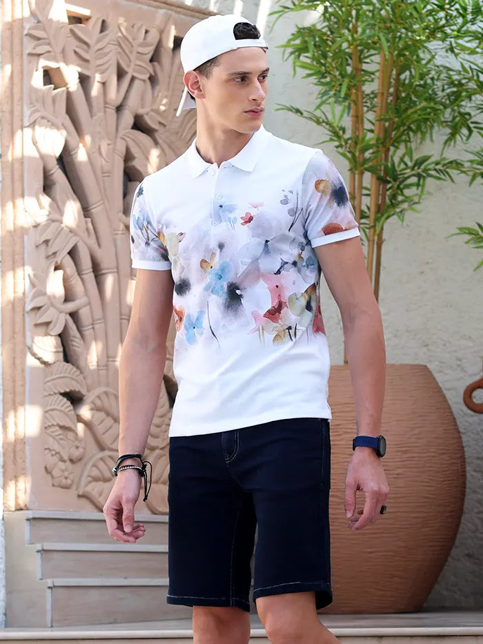 White Floral Print Polo T-Shirt