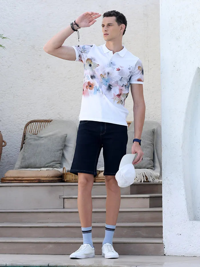 White Floral Print Polo T-Shirt