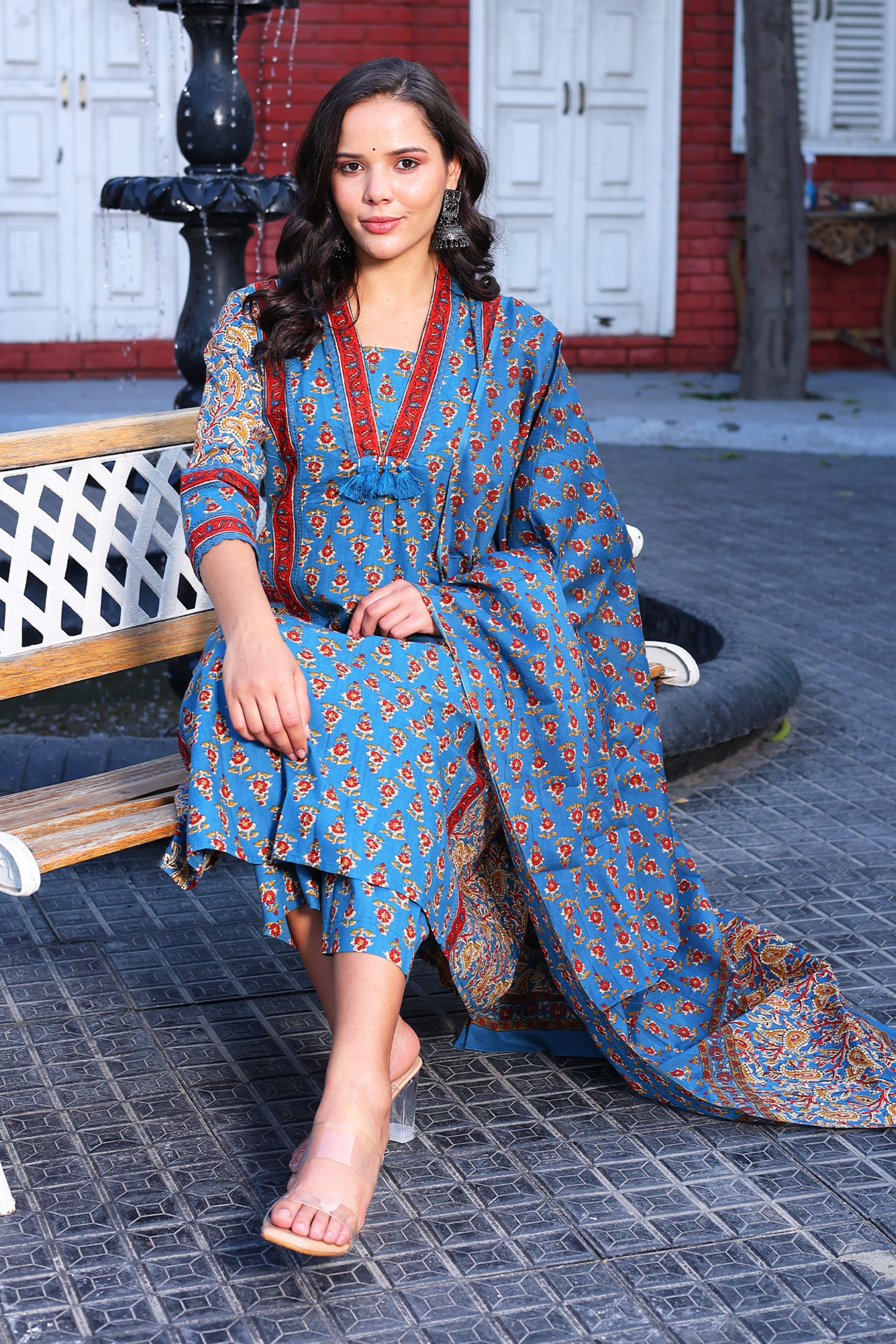 Blue Ethnic Motif Cotton Suit Set