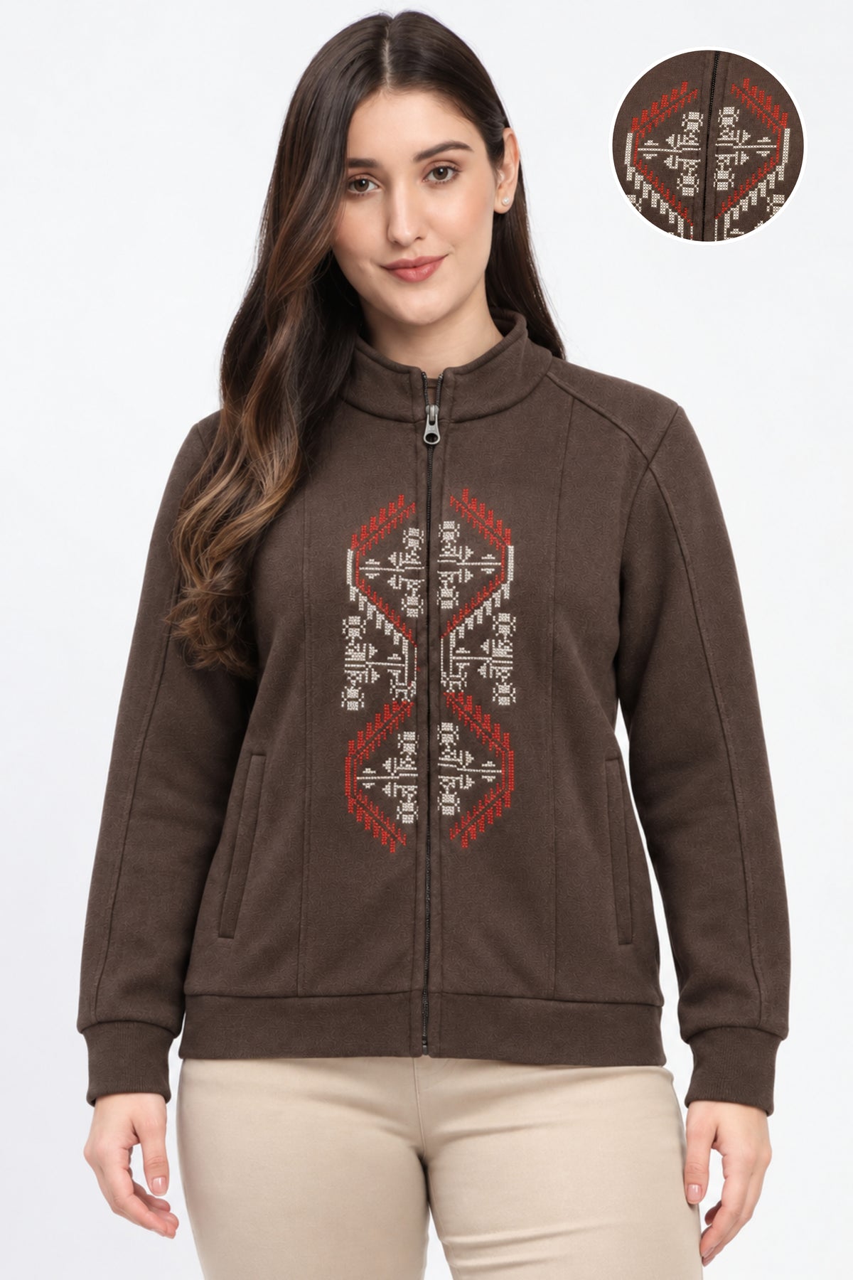Coffee Brown Embroidered Zip Sweatshirt